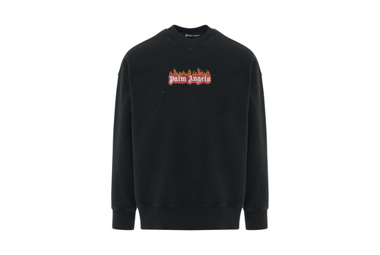 PALM ANGELS - GD BURNING LOGO CREWNECK IN BLACK/WHITE